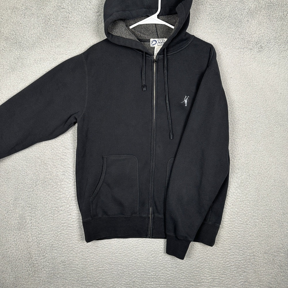 Toes on the Nose Hoodie Men Medium Black Waffle Knit Thermal Fleece Lined Zip Up